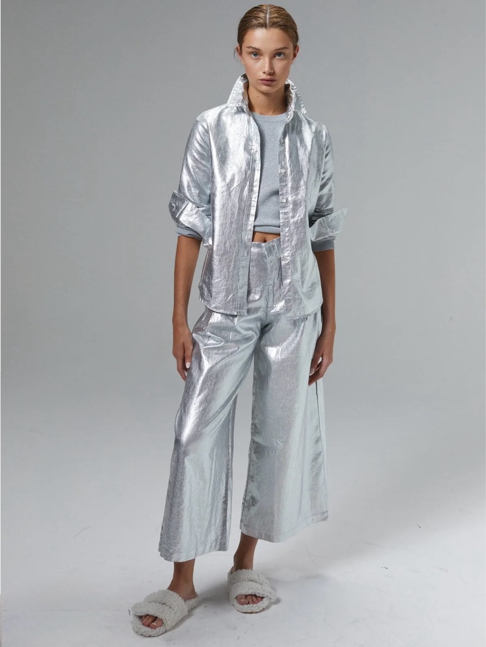 LANHTROPY Culotte Metallic Linen Pant Silver Foil Wide Leg XS